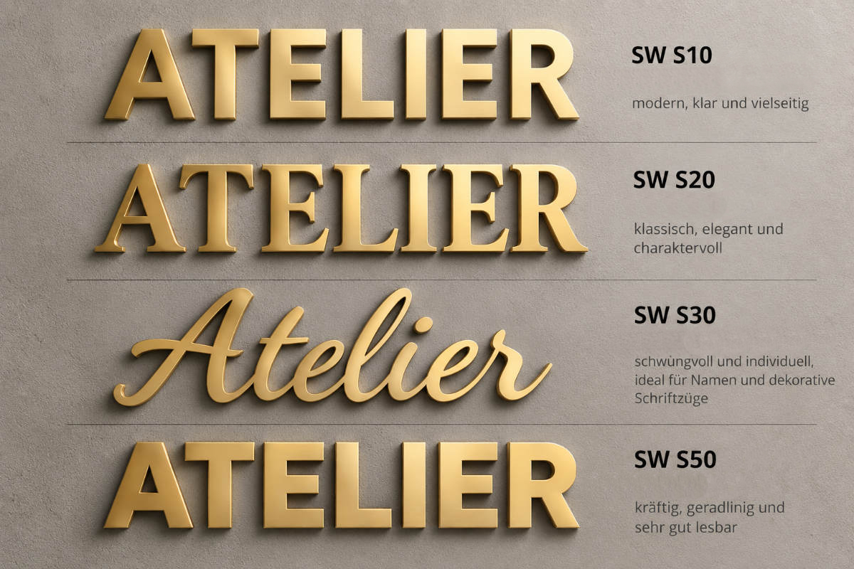 Vier Schriftbilder für Messingbuchstaben 5 mm – SW S10, SW S20, SW S30 und SW S50