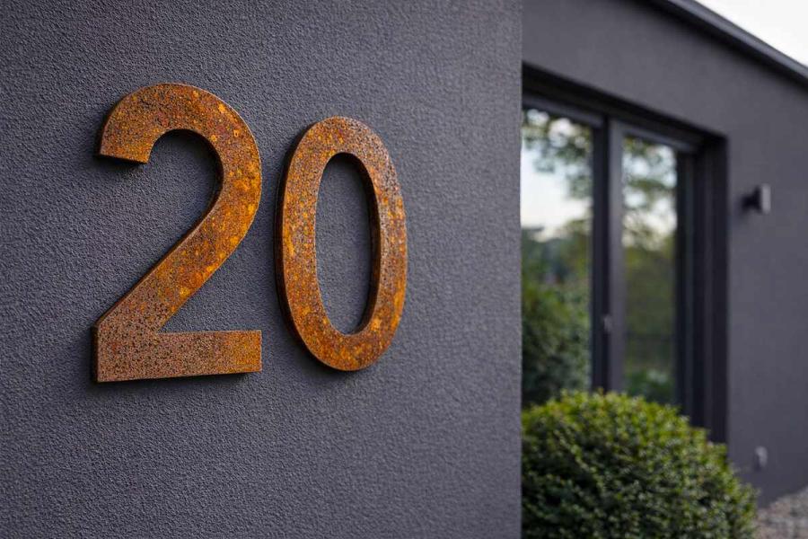 Hausnummer aus Cortenstahl massiv 8 mm dick und 250 mm hoch