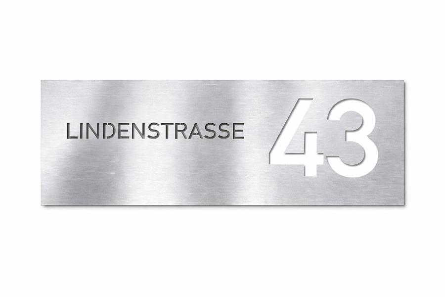 Preview: Hausnummer mit Straße Edelstahl  400x150x3 mm mit rückseitiger Befestigung