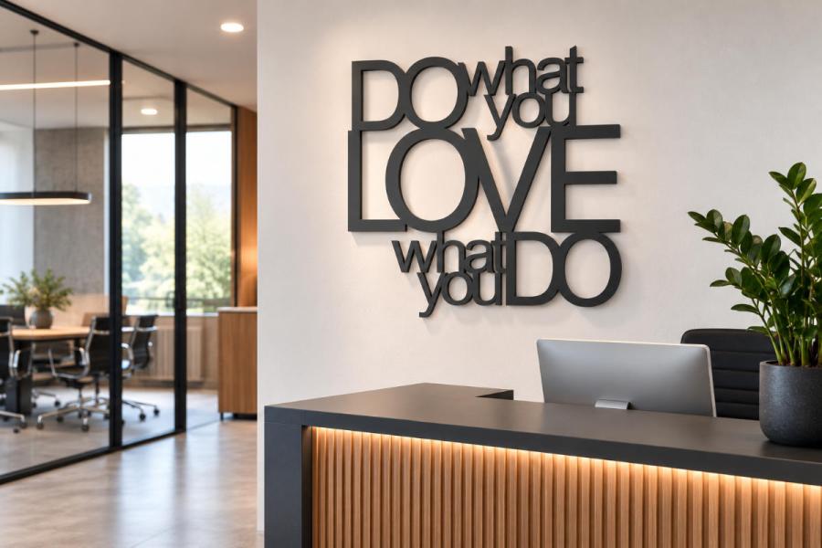 Preview: Wandspruch Do what you love aus dunklem Acrylglas an der Wand eines modernen Empfangsbereichs - KI-Visualisierung