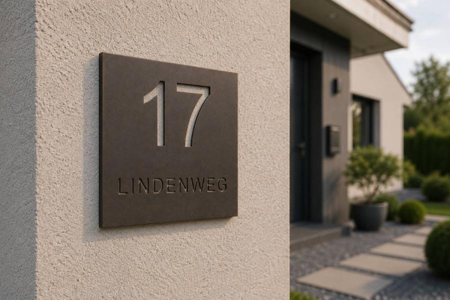 Bronze Hausnummer 25 x 25 cm mit dekupiertem Straßennamen