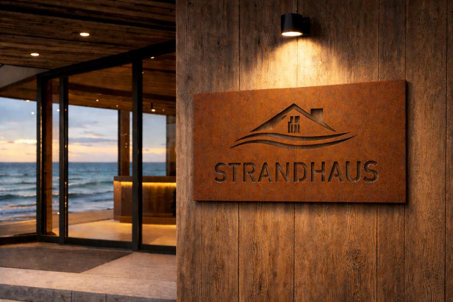 Cortenstahlschild /Ferienhauschild negativ ausgeschnitten mit Wandabstand montiert