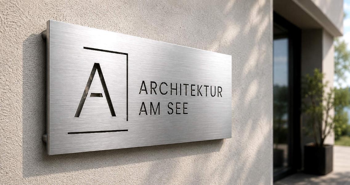 Designschild Edelstahl mit ausgeschnittenem Logo • KI-Visualisierung